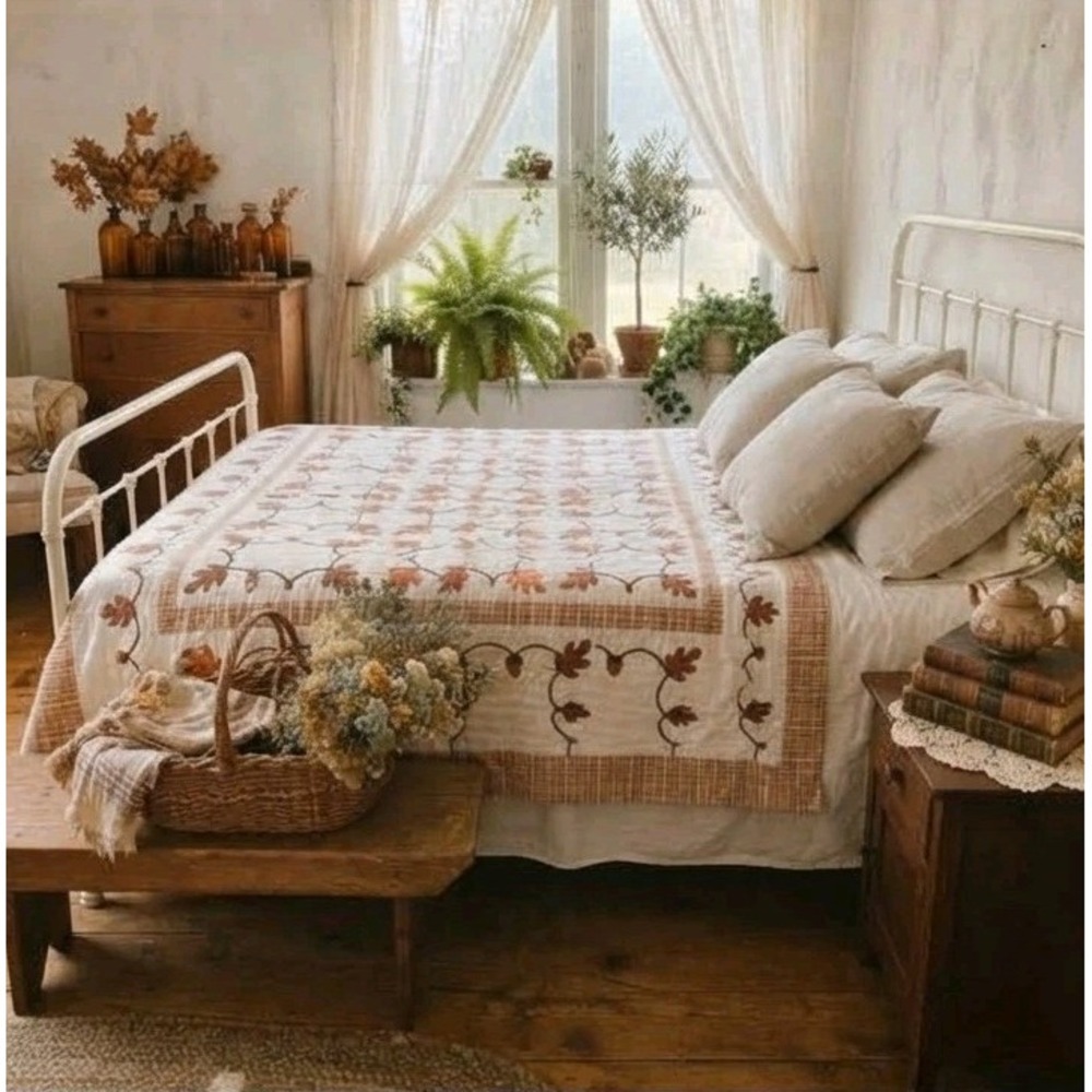 Handmade Vintage Oak Leaf Quilt Autumn Decor Farmhouse Collectible